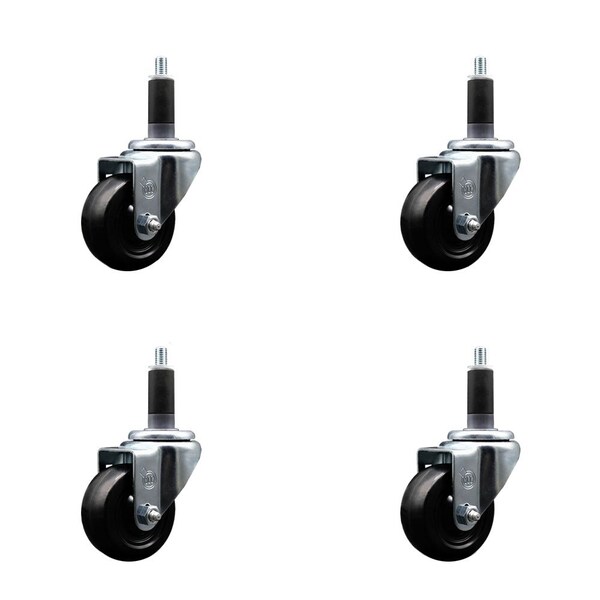 3'' SS Soft Rubber Wheel Swivel 1-1/8'' Expanding Stem Caster Set, 4PK